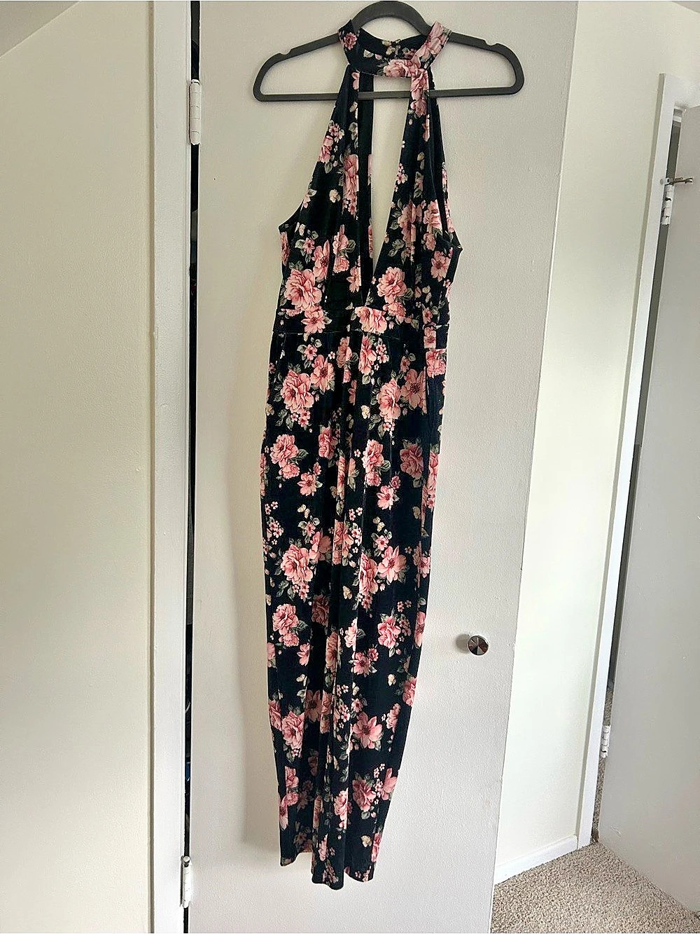 DO+BE Floral Halter Jumpsuit Faux Suede in Black & Pink NWT